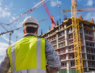 Civil Engineer Construction Management A construction manager overseeing a building project with cranes in the background